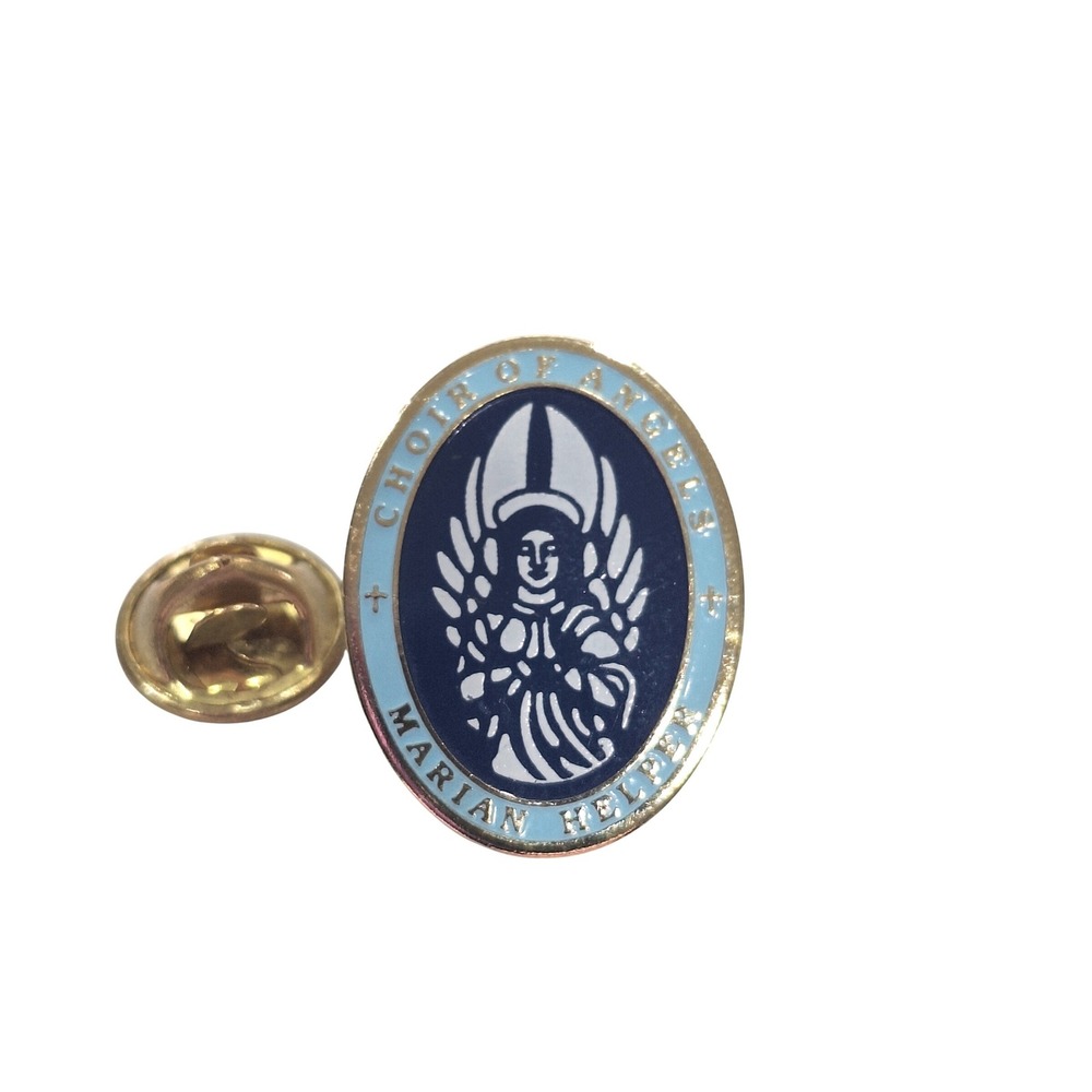 Marian Helper Choir of Angels Lapel Pin Religious Gold Tone Enamel Angel Oval
